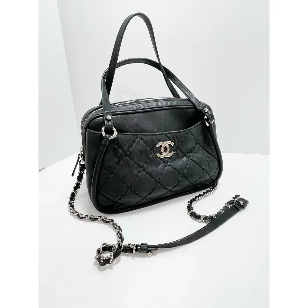 CHANEL Iridescent Calfskin Quilted Relax CC Camera Case Black Silver
